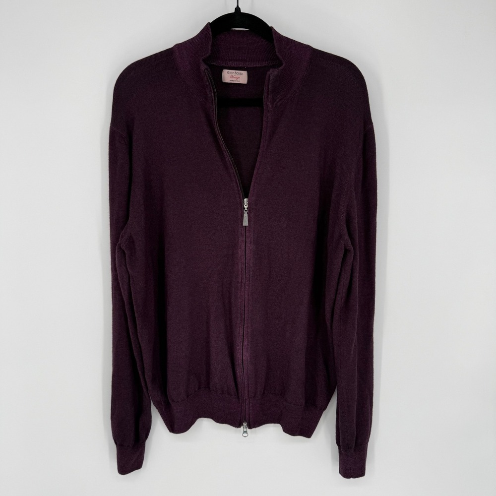 GRAN SASSO VINTAGE DEEP PLUM FULL ZIP CARDIGAN 56 100% VIRGIN WOOL SMART CASUAL‎